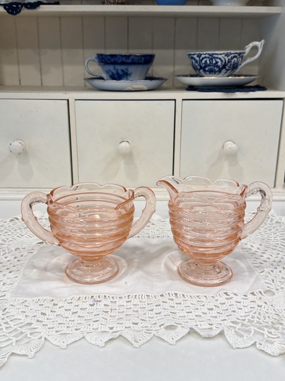 Vintage Depression Glass Pink Ribbed Creamer and Sugar Set